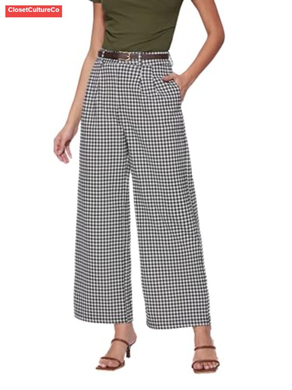 Womens Wide Leg Straight Pants Plaid Pleated High Waisted Casual Work Trousers